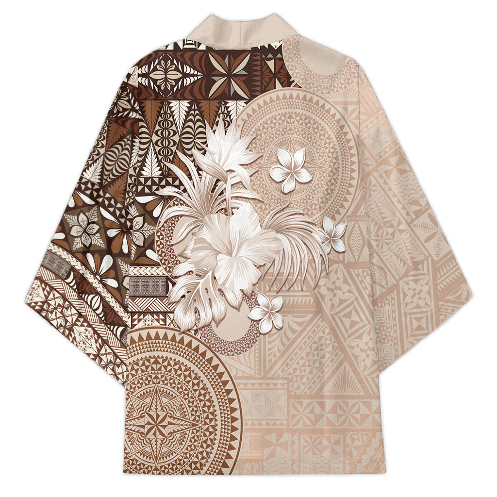 Tonga Ngatu Motifs Kimono With Coat Of Arms Beige LT05 - Polynesian Pride