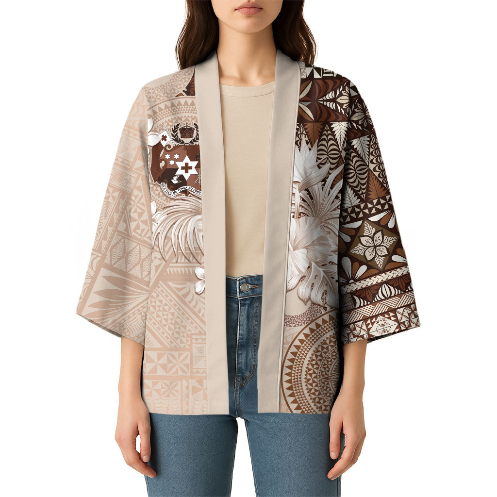 Tonga Ngatu Motifs Kimono With Coat Of Arms Beige LT05 - Polynesian Pride