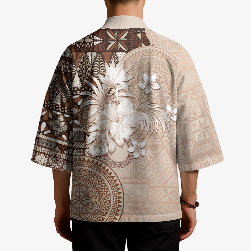 Tonga Ngatu Motifs Kimono With Coat Of Arms Beige LT05 - Polynesian Pride