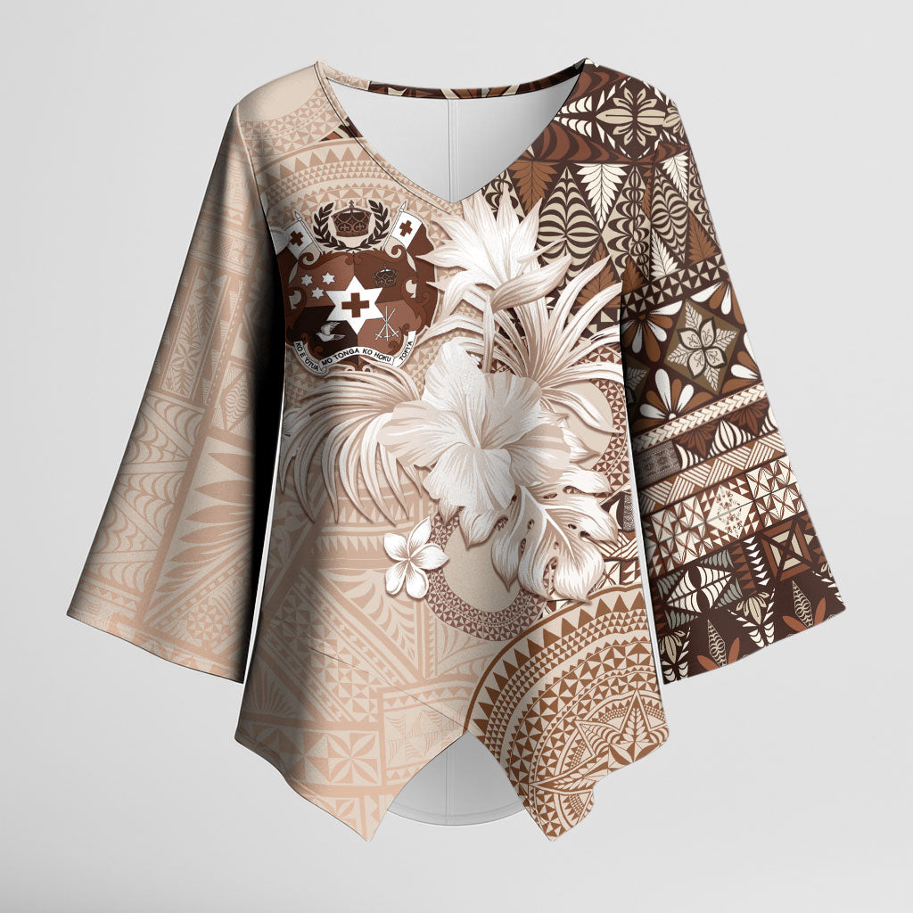 Tonga Ngatu Motifs Kimono Sleeve Blouse With Coat Of Arms Beige LT05 Female Beige - Polynesian Pride