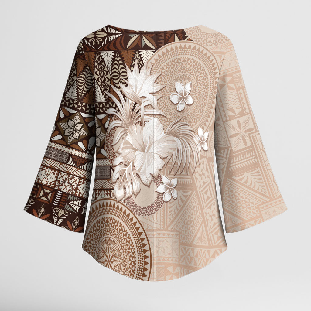 Tonga Ngatu Motifs Kimono Sleeve Blouse With Coat Of Arms Beige LT05 - Polynesian Pride