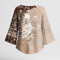 Tonga Ngatu Motifs Kimono Sleeve Blouse With Coat Of Arms Beige LT05 - Polynesian Pride