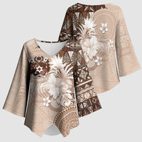 Tonga Ngatu Motifs Kimono Sleeve Blouse With Coat Of Arms Beige LT05 - Polynesian Pride