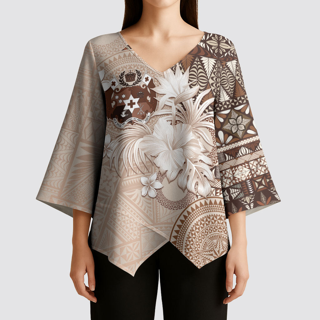 Tonga Ngatu Motifs Kimono Sleeve Blouse With Coat Of Arms Beige LT05 - Polynesian Pride