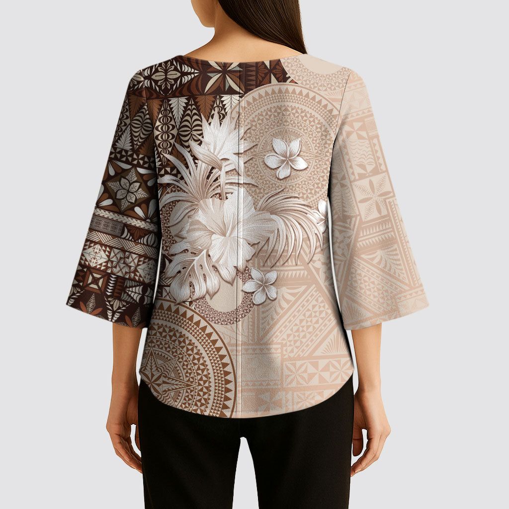 Tonga Ngatu Motifs Kimono Sleeve Blouse With Coat Of Arms Beige LT05 - Polynesian Pride