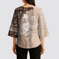Tonga Ngatu Motifs Kimono Sleeve Blouse With Coat Of Arms Beige LT05 - Polynesian Pride
