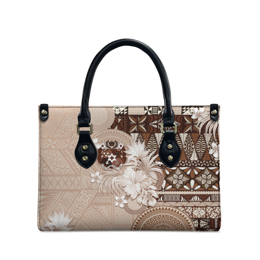 Tonga Ngatu Motifs Leather Bag With Coat Of Arms Beige LT05 - Polynesian Pride