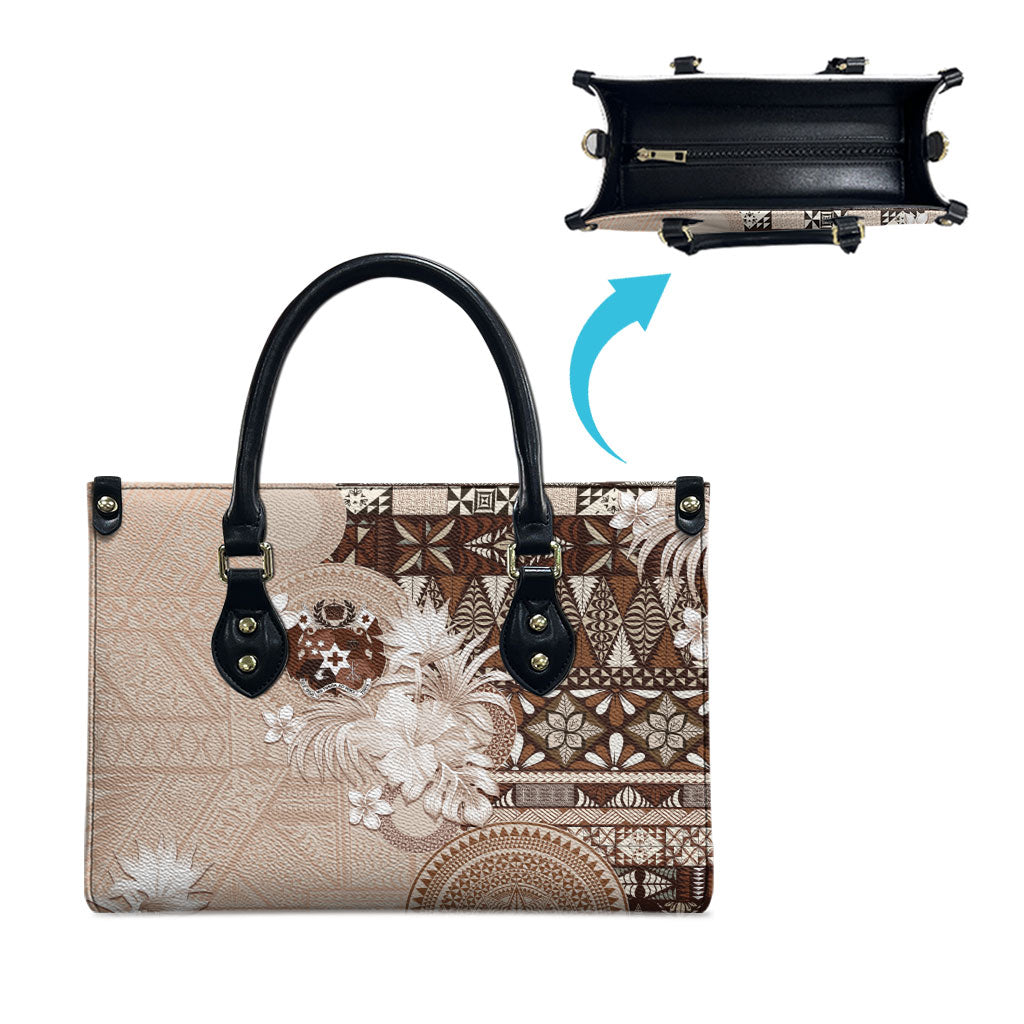 Tonga Ngatu Motifs Leather Bag With Coat Of Arms Beige LT05 - Polynesian Pride