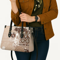 Tonga Ngatu Motifs Leather Bag With Coat Of Arms Beige LT05 - Polynesian Pride