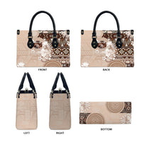 Tonga Ngatu Motifs Leather Bag With Coat Of Arms Beige LT05 - Polynesian Pride