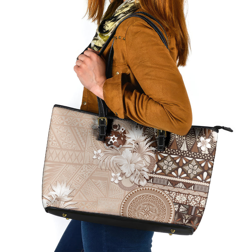 Tonga Ngatu Motifs Leather Tote Bag With Coat Of Arms Beige LT05 Beige - Polynesian Pride