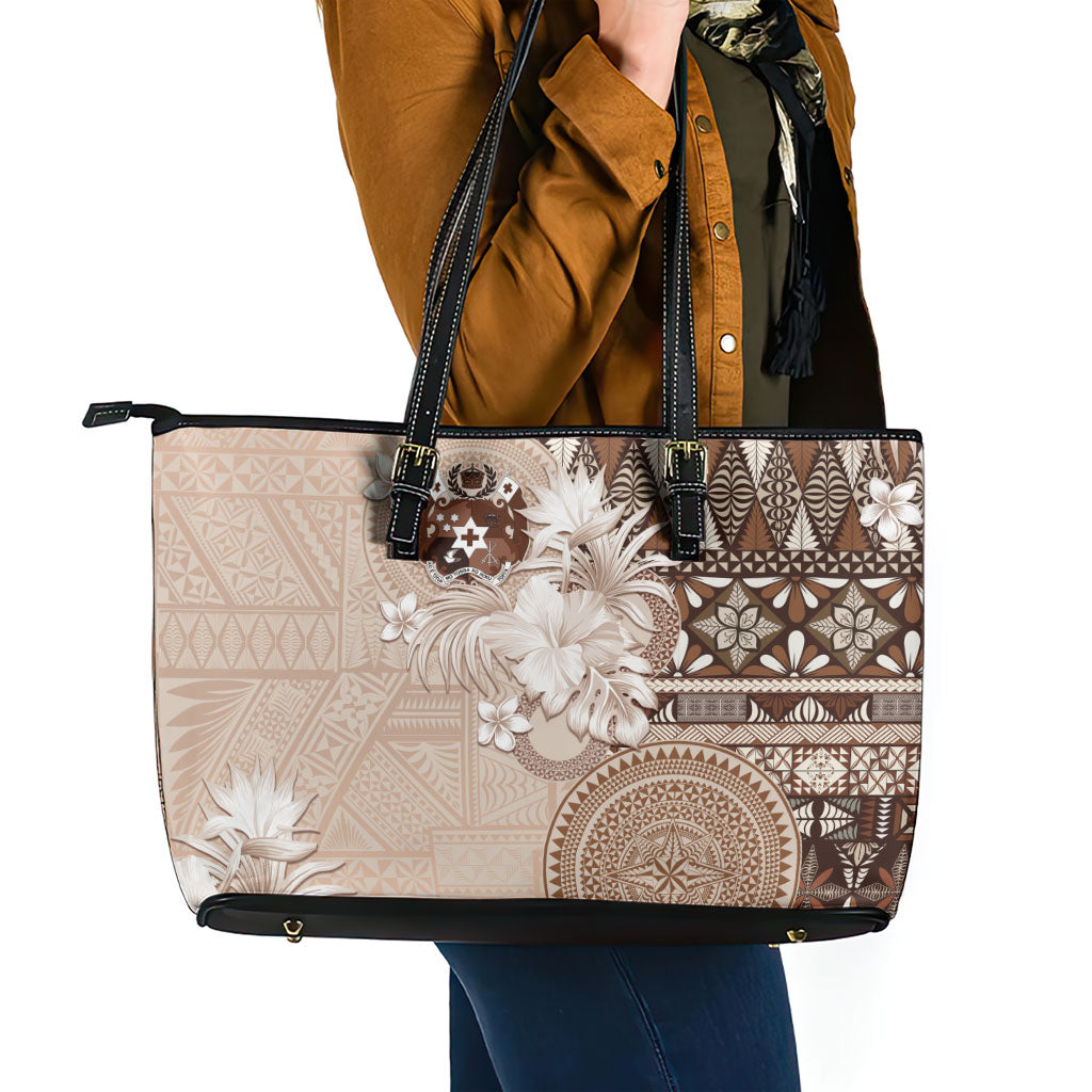 Tonga Ngatu Motifs Leather Tote Bag With Coat Of Arms Beige LT05 - Polynesian Pride