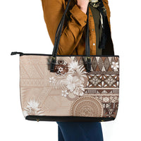 Tonga Ngatu Motifs Leather Tote Bag With Coat Of Arms Beige LT05 - Polynesian Pride