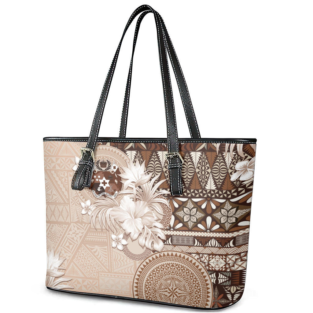 Tonga Ngatu Motifs Leather Tote Bag With Coat Of Arms Beige LT05 - Polynesian Pride