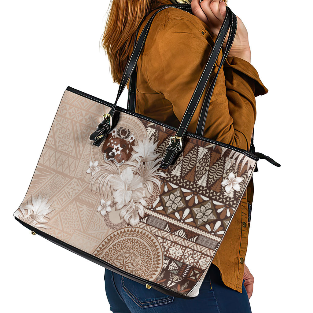 Tonga Ngatu Motifs Leather Tote Bag With Coat Of Arms Beige LT05 - Polynesian Pride