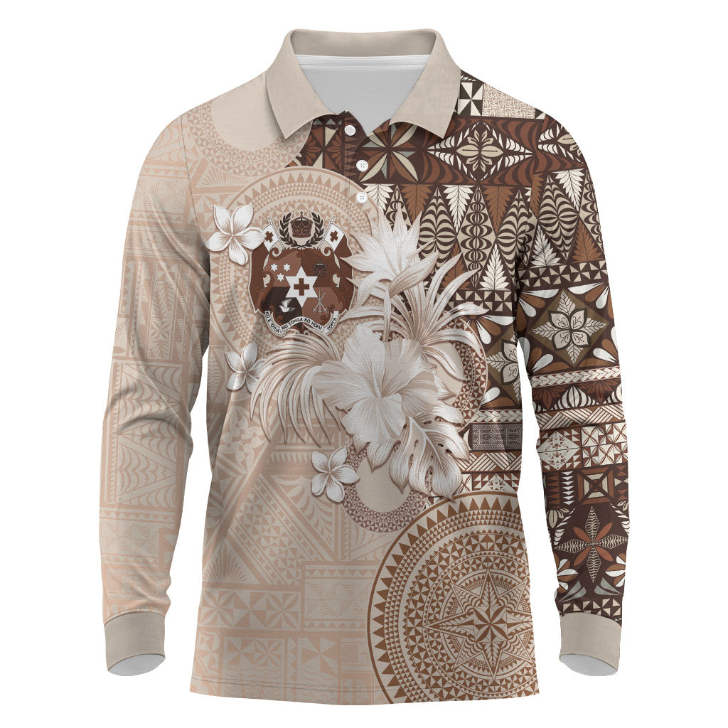 Tonga Ngatu Motifs Long Sleeve Polo Shirt With Coat Of Arms Beige