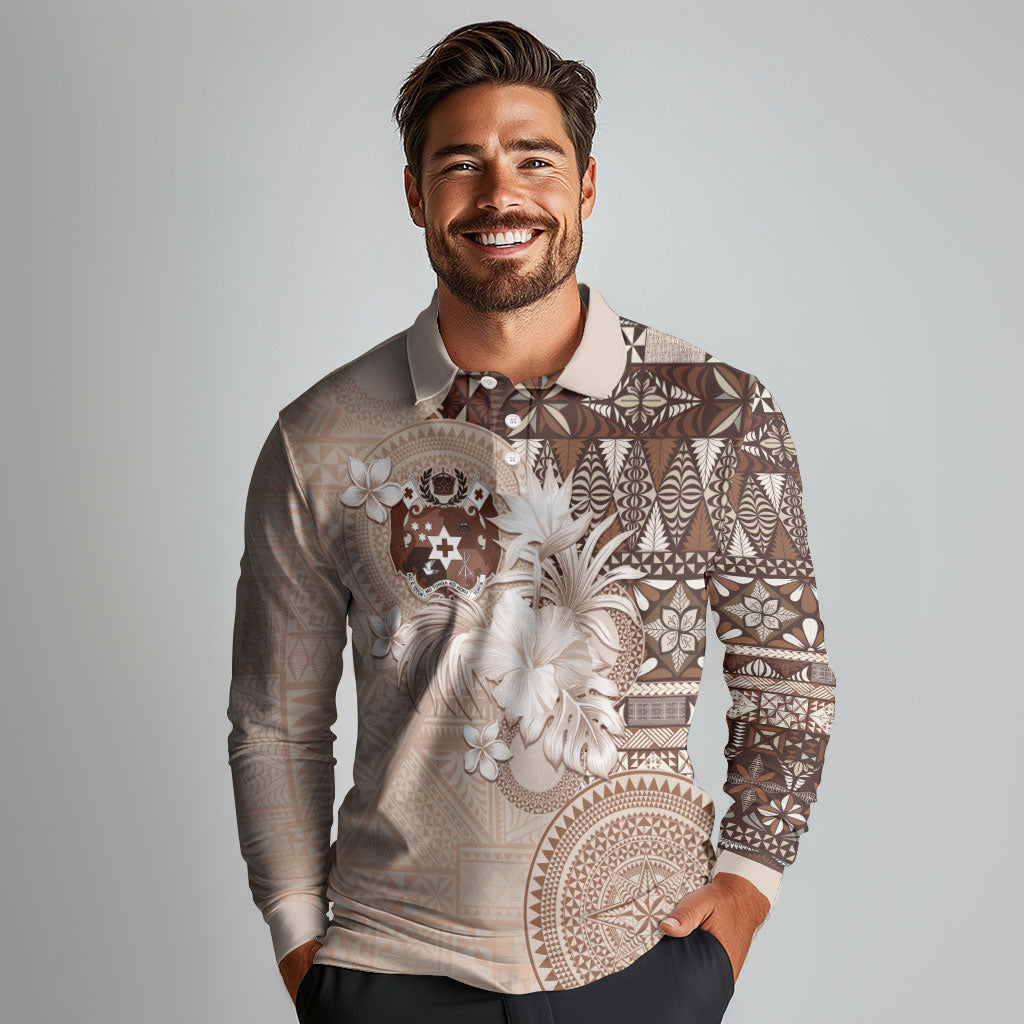 Tonga Ngatu Motifs Long Sleeve Polo Shirt With Coat Of Arms Beige LT05 - Polynesian Pride