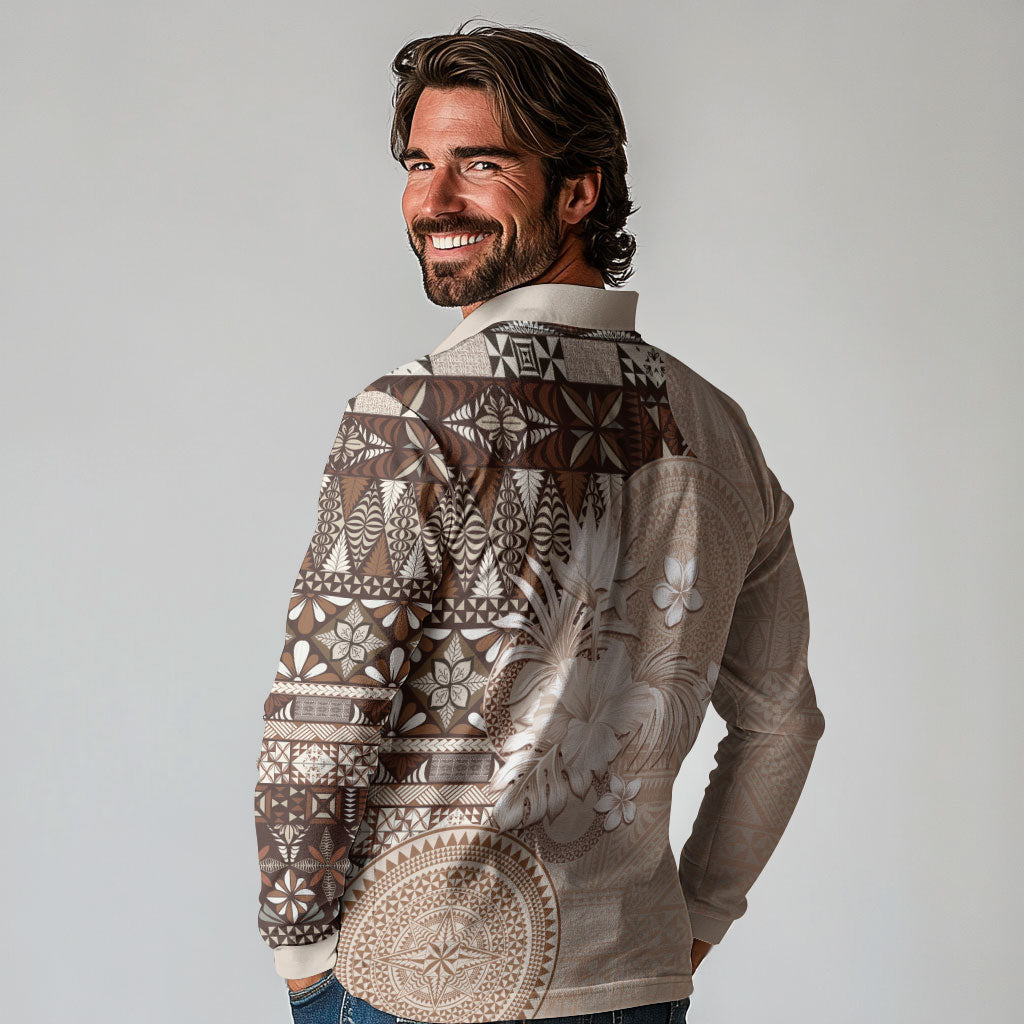 Tonga Ngatu Motifs Long Sleeve Polo Shirt With Coat Of Arms Beige LT05 - Polynesian Pride