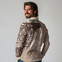 Tonga Ngatu Motifs Long Sleeve Polo Shirt With Coat Of Arms Beige LT05 - Polynesian Pride