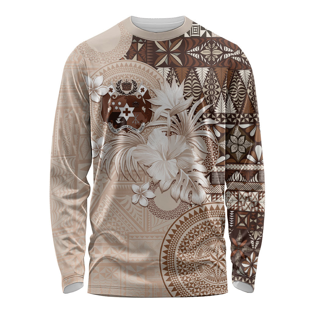 Tonga Ngatu Motifs Long Sleeve Shirt With Coat Of Arms Beige LT05 Unisex Beige - Polynesian Pride