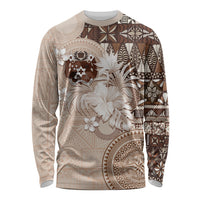 Tonga Ngatu Motifs Long Sleeve Shirt With Coat Of Arms Beige LT05 Unisex Beige - Polynesian Pride