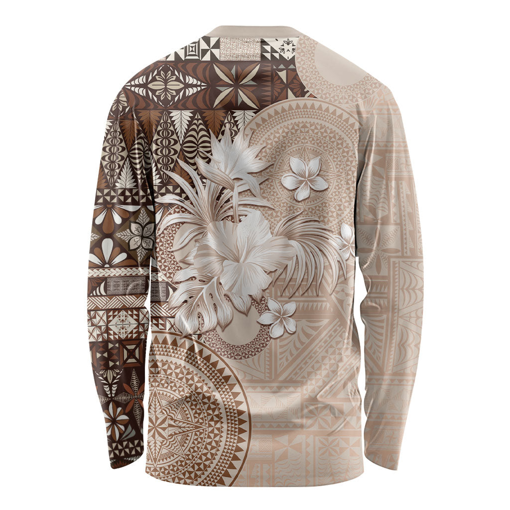 Tonga Ngatu Motifs Long Sleeve Shirt With Coat Of Arms Beige LT05 - Polynesian Pride