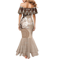 Tonga Ngatu Motifs Mermaid Dress With Coat Of Arms Beige LT05 - Polynesian Pride