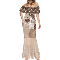 Tonga Ngatu Motifs Mermaid Dress With Coat Of Arms Beige LT05 - Polynesian Pride