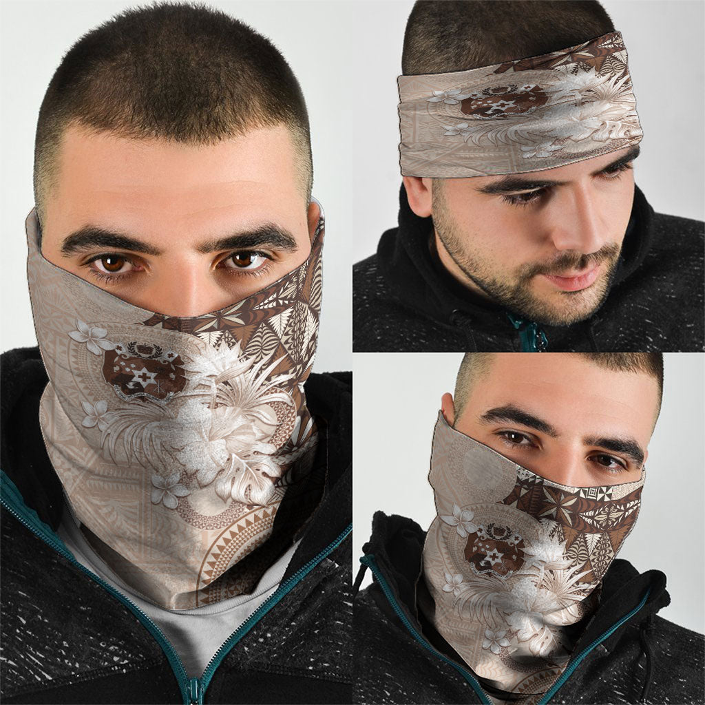 Tonga Ngatu Motifs Neck Gaiter With Coat Of Arms Beige LT05 - Polynesian Pride