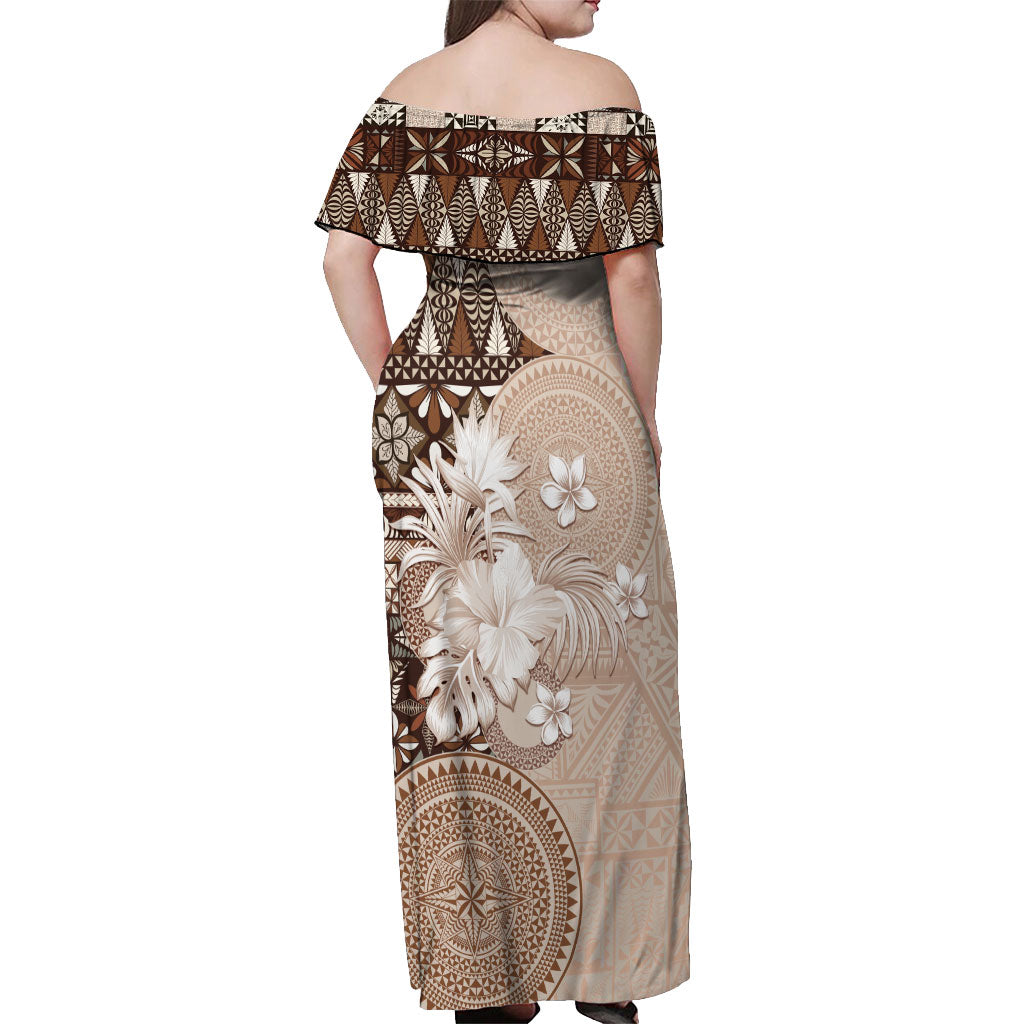 Tonga Ngatu Motifs Off Shoulder Maxi Dress With Coat Of Arms Beige LT05 - Polynesian Pride