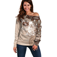 Tonga Ngatu Motifs Off Shoulder Sweater With Coat Of Arms Beige LT05 Women Beige - Polynesian Pride
