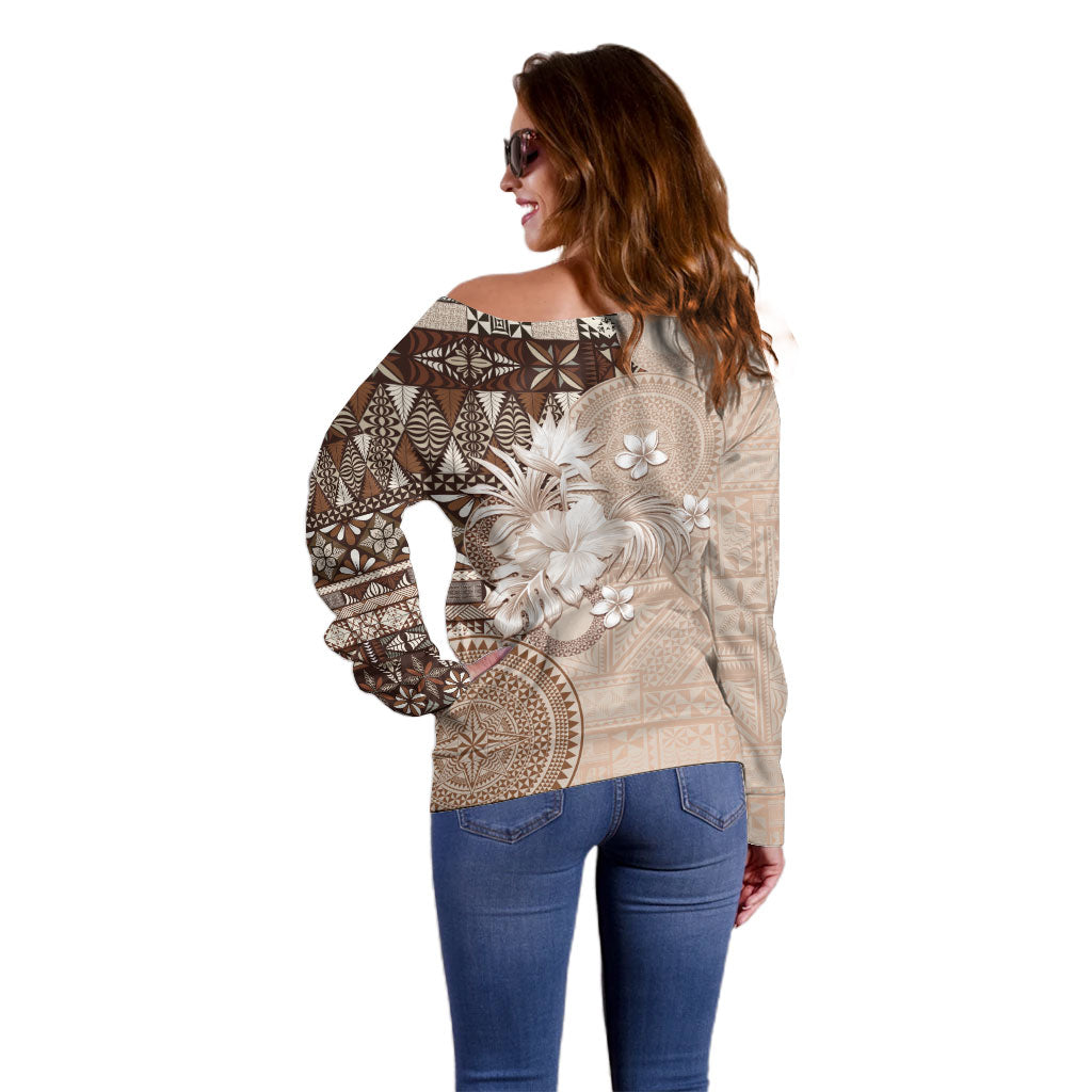 Tonga Ngatu Motifs Off Shoulder Sweater With Coat Of Arms Beige LT05 - Polynesian Pride