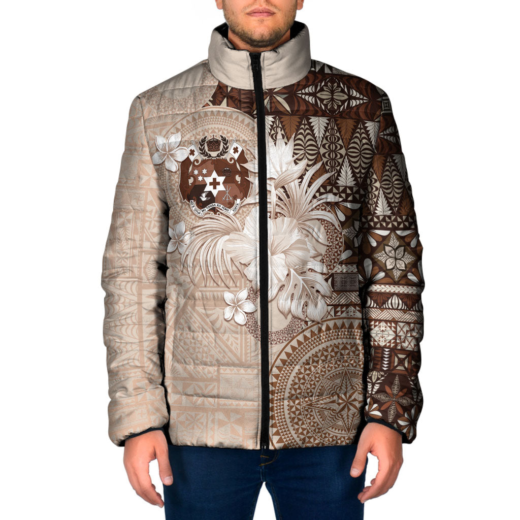 Tonga Ngatu Motifs Padded Jacket With Coat Of Arms Beige LT05 Men Beige - Polynesian Pride