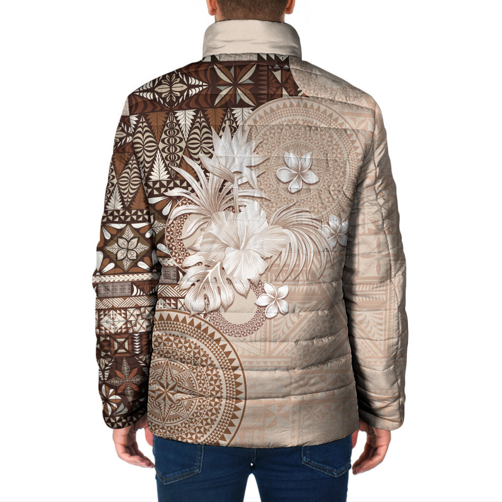 Tonga Ngatu Motifs Padded Jacket With Coat Of Arms Beige LT05 - Polynesian Pride