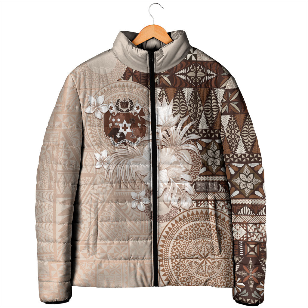 Tonga Ngatu Motifs Padded Jacket With Coat Of Arms Beige LT05 - Polynesian Pride