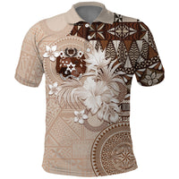 Tonga Ngatu Motifs Polo Shirt With Coat Of Arms Beige LT05 Beige - Polynesian Pride