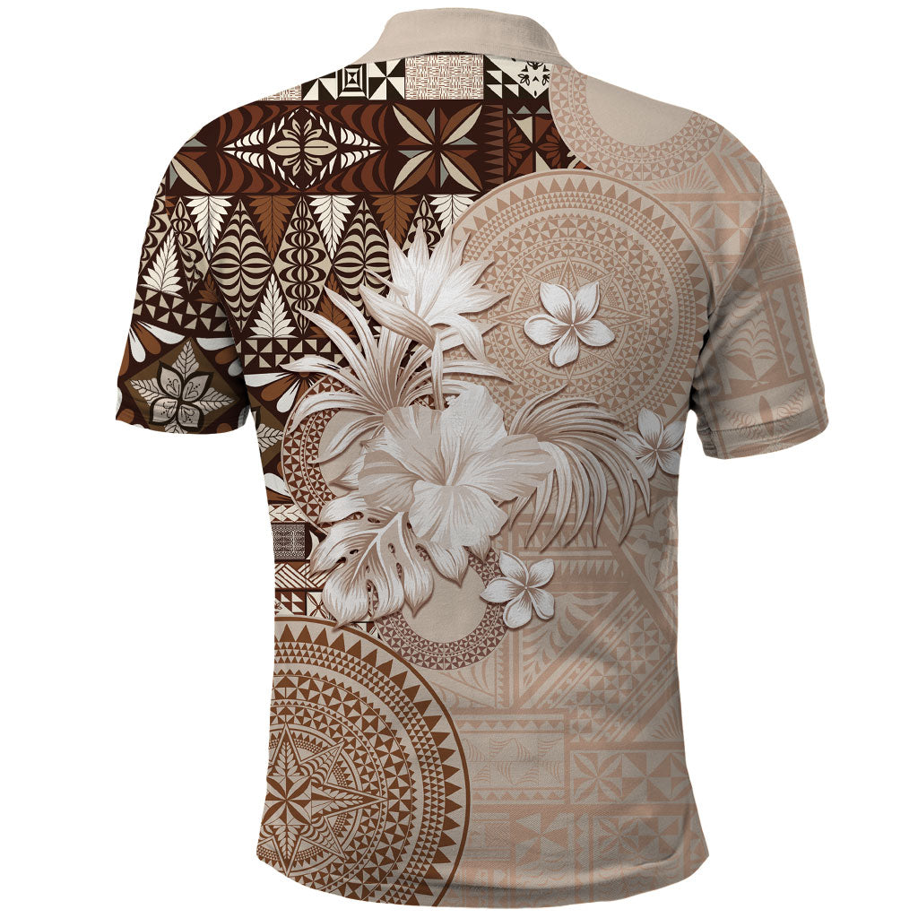 Tonga Ngatu Motifs Polo Shirt With Coat Of Arms Beige LT05 - Polynesian Pride