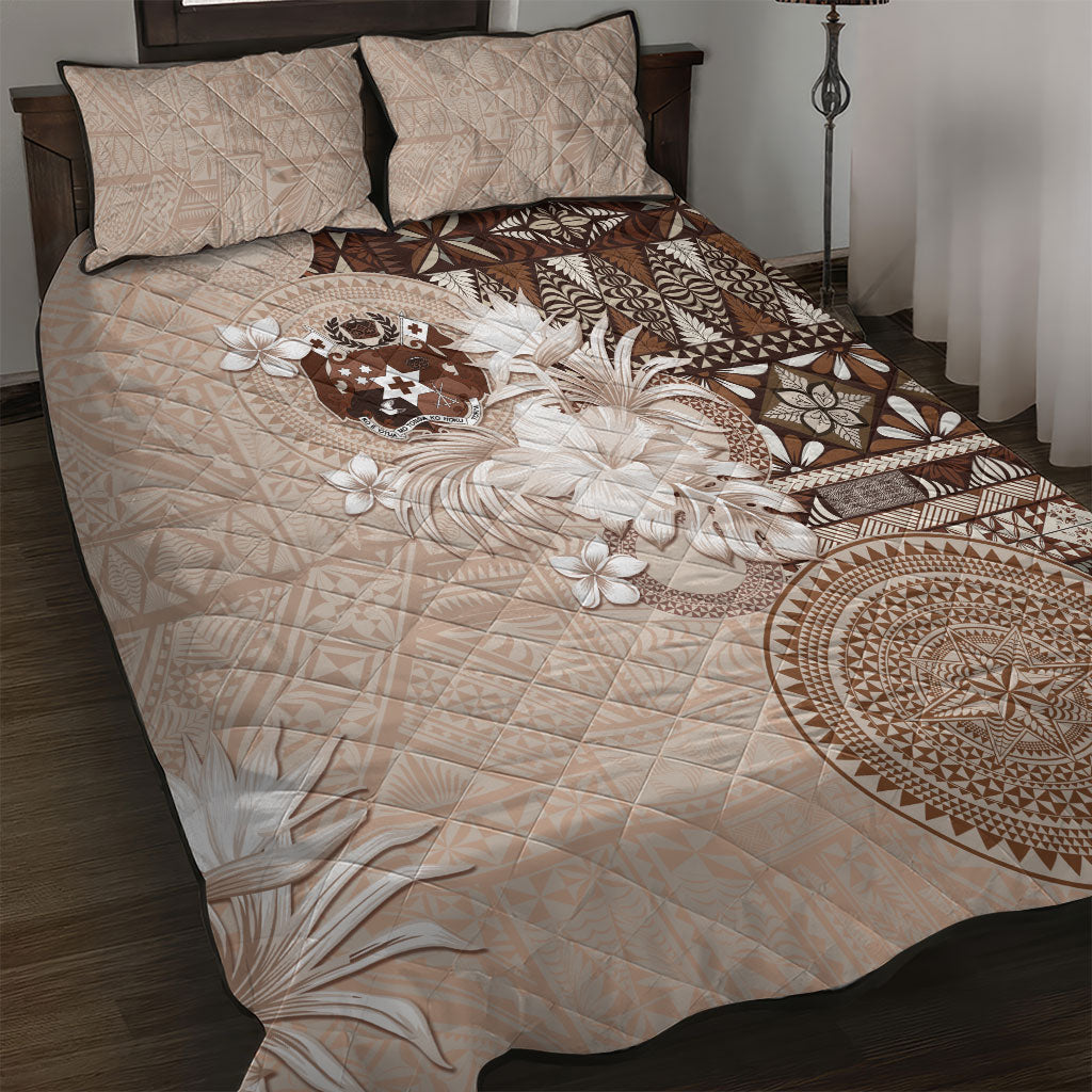 Tonga Ngatu Motifs Quilt Bed Set With Coat Of Arms Beige