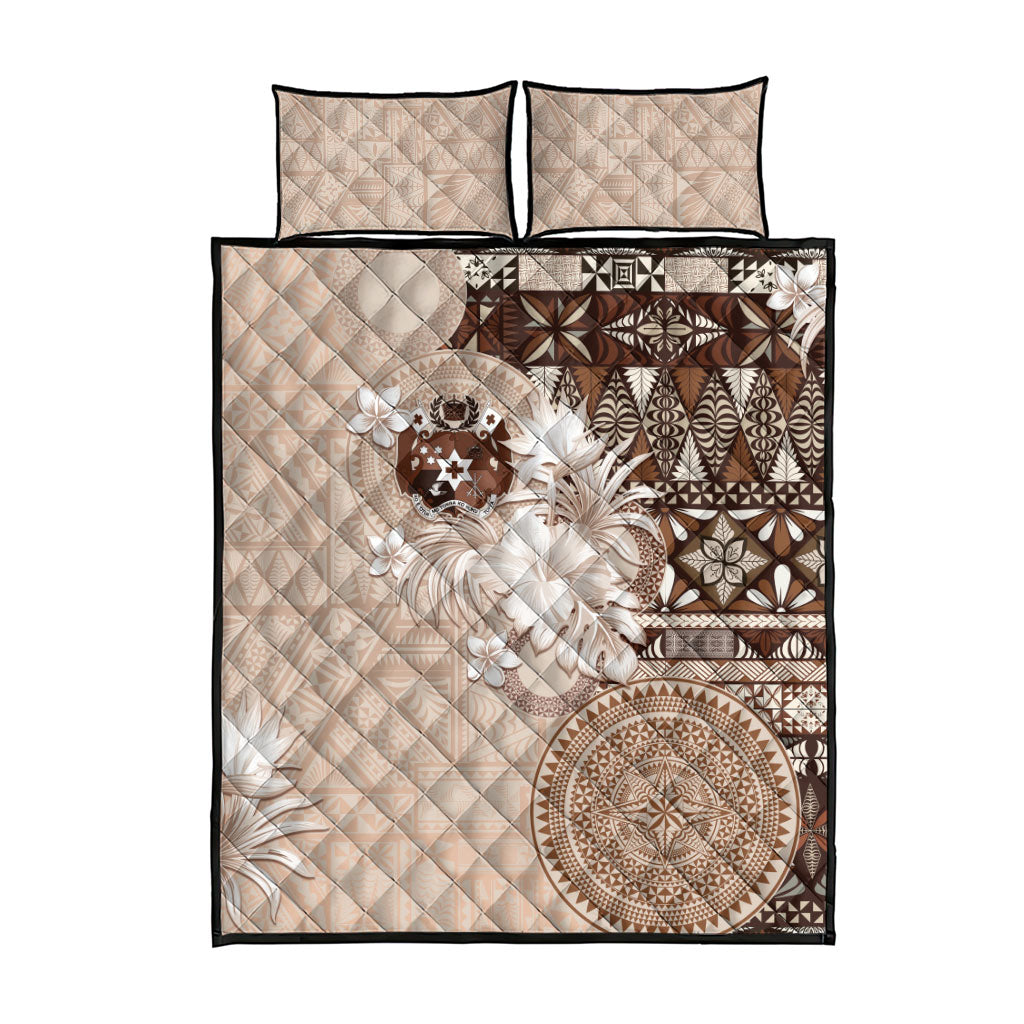 Tonga Ngatu Motifs Quilt Bed Set With Coat Of Arms Beige LT05 - Polynesian Pride