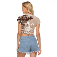 Tonga Ngatu Motifs Raglan Cropped T Shirt With Coat Of Arms Beige LT05 - Polynesian Pride