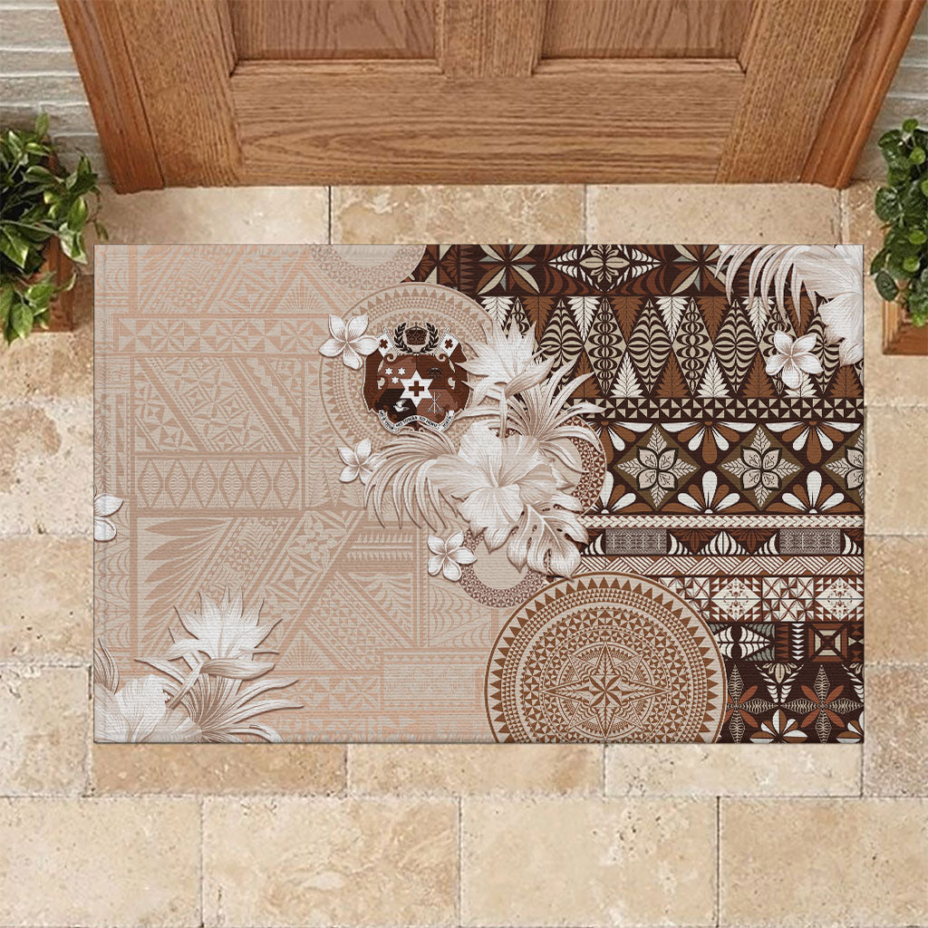 Tonga Ngatu Motifs Rubber Doormat With Coat Of Arms Beige