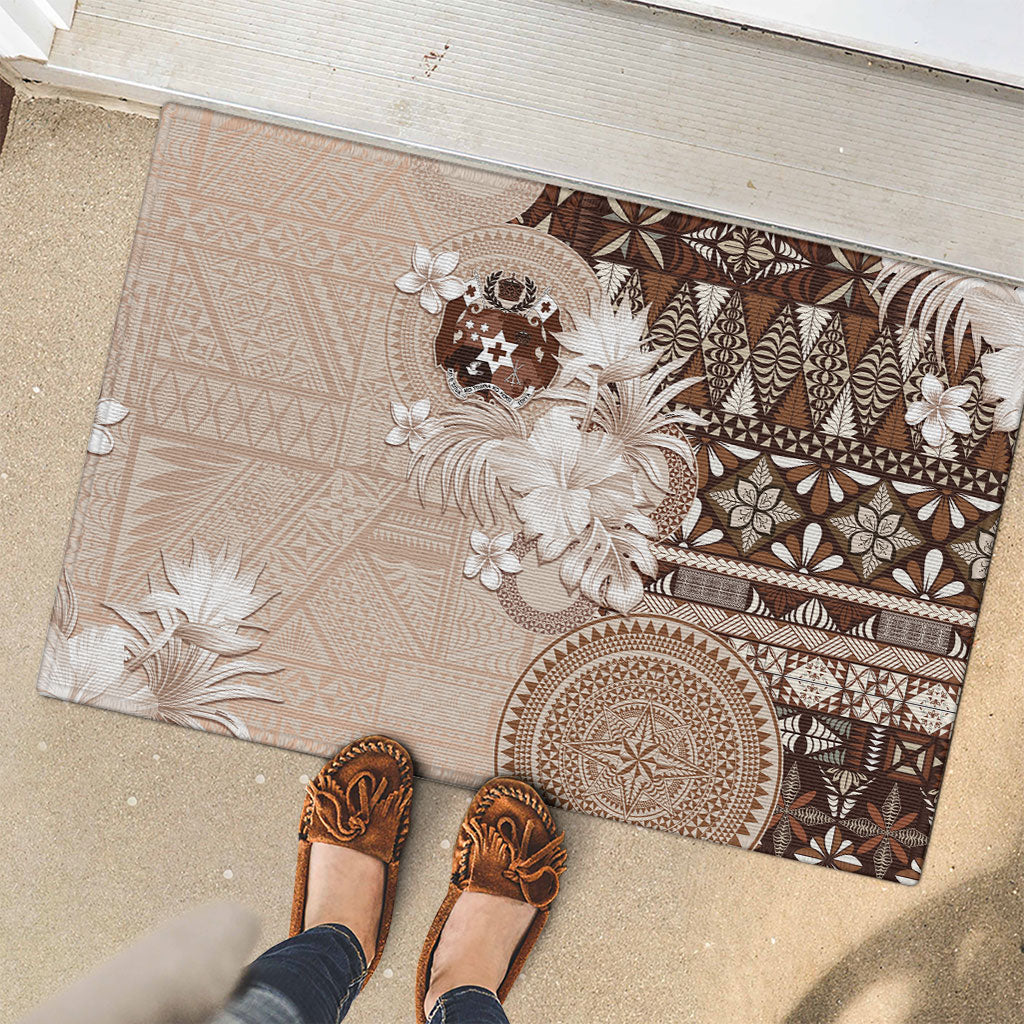 Tonga Ngatu Motifs Rubber Doormat With Coat Of Arms Beige LT05 - Polynesian Pride