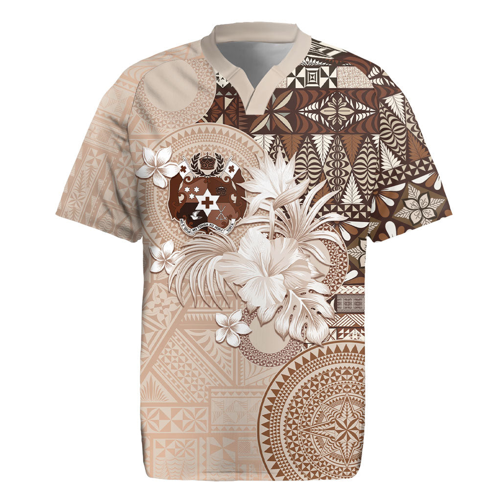 Tonga Ngatu Motifs Rugby Jersey With Coat Of Arms Beige LT05 Beige - Polynesian Pride