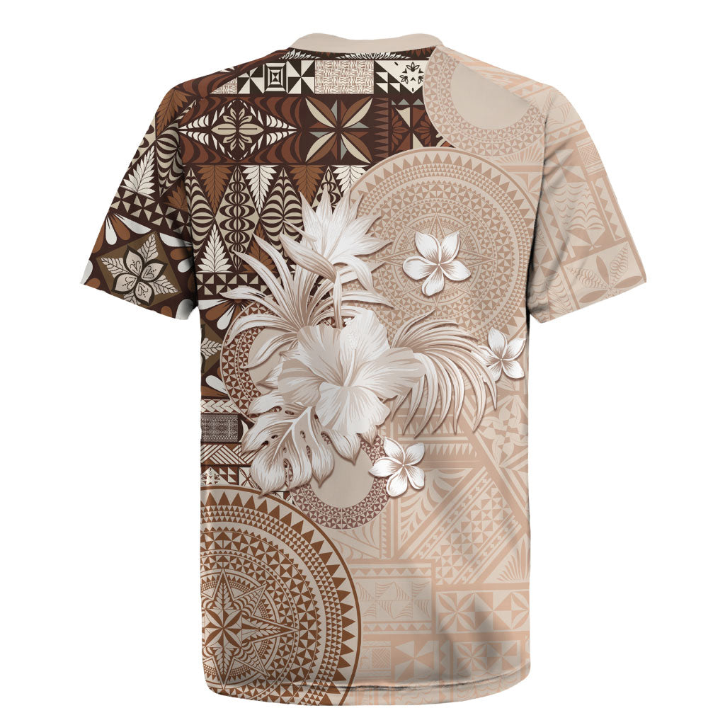 Tonga Ngatu Motifs Rugby Jersey With Coat Of Arms Beige LT05 - Polynesian Pride
