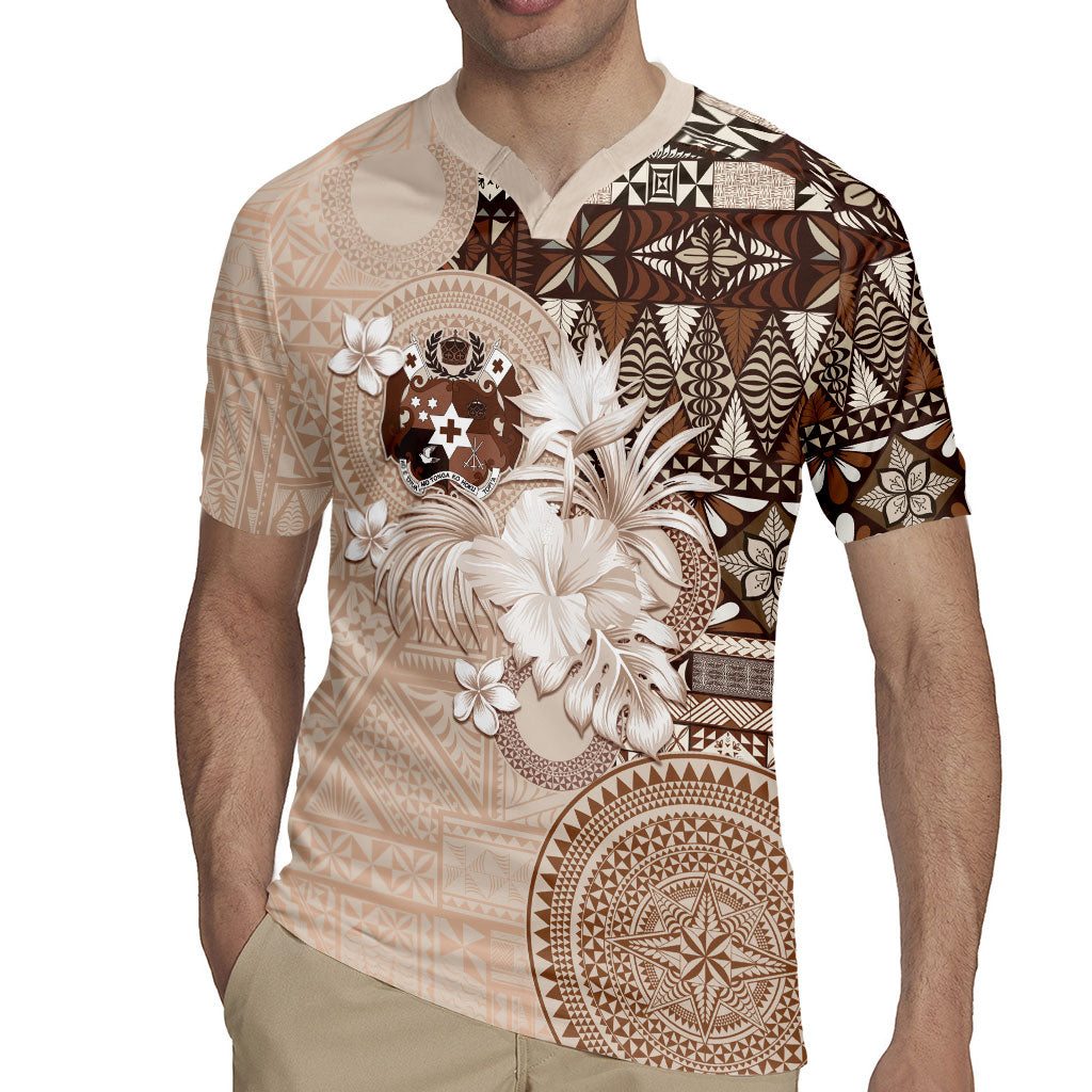 Tonga Ngatu Motifs Rugby Jersey With Coat Of Arms Beige LT05 - Polynesian Pride