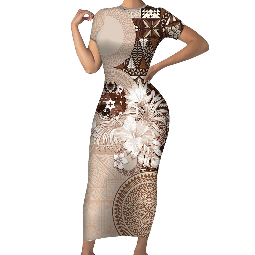 Tonga Ngatu Motifs Short Sleeve Bodycon Dress With Coat Of Arms Beige