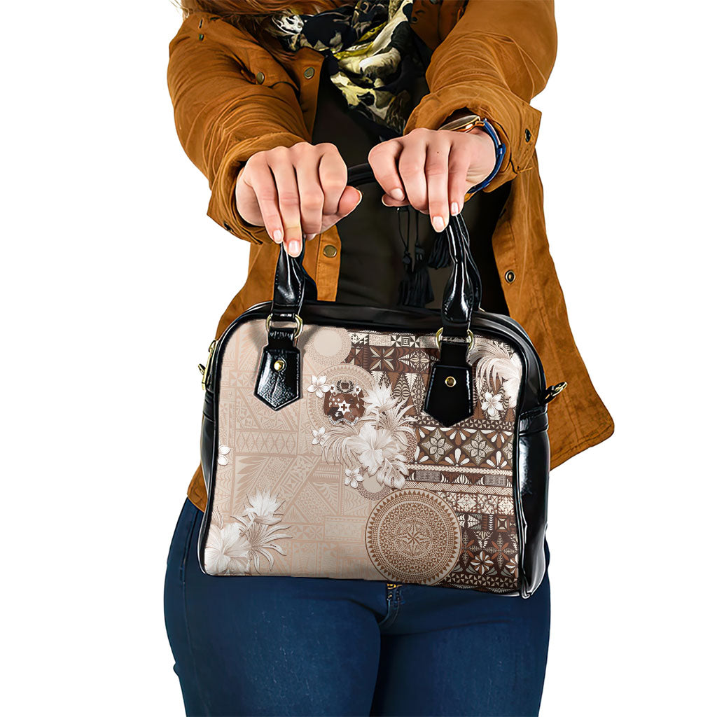 Tonga Ngatu Motifs Shoulder Handbag With Coat Of Arms Beige LT05 One Size Beige - Polynesian Pride