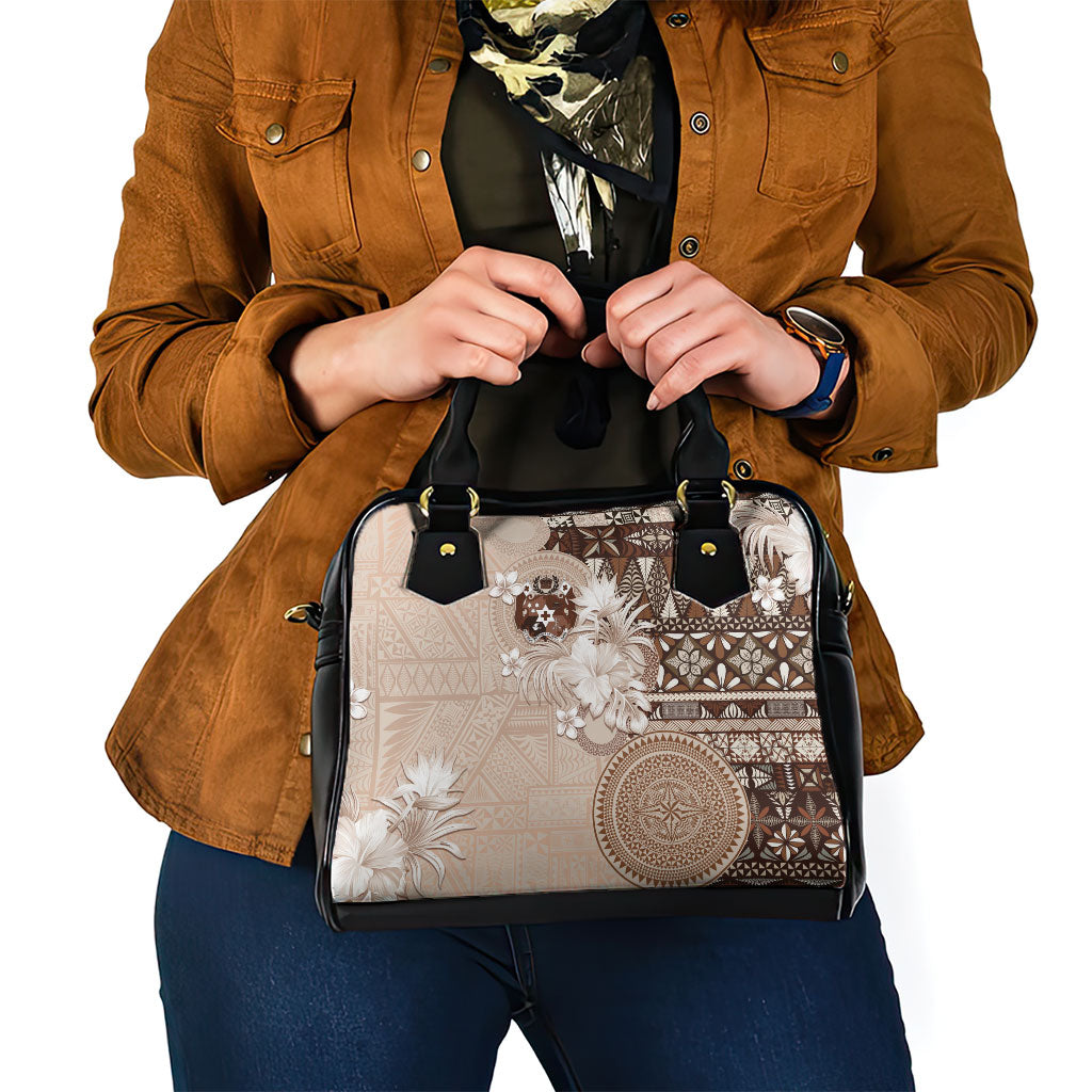 Tonga Ngatu Motifs Shoulder Handbag With Coat Of Arms Beige LT05 - Polynesian Pride