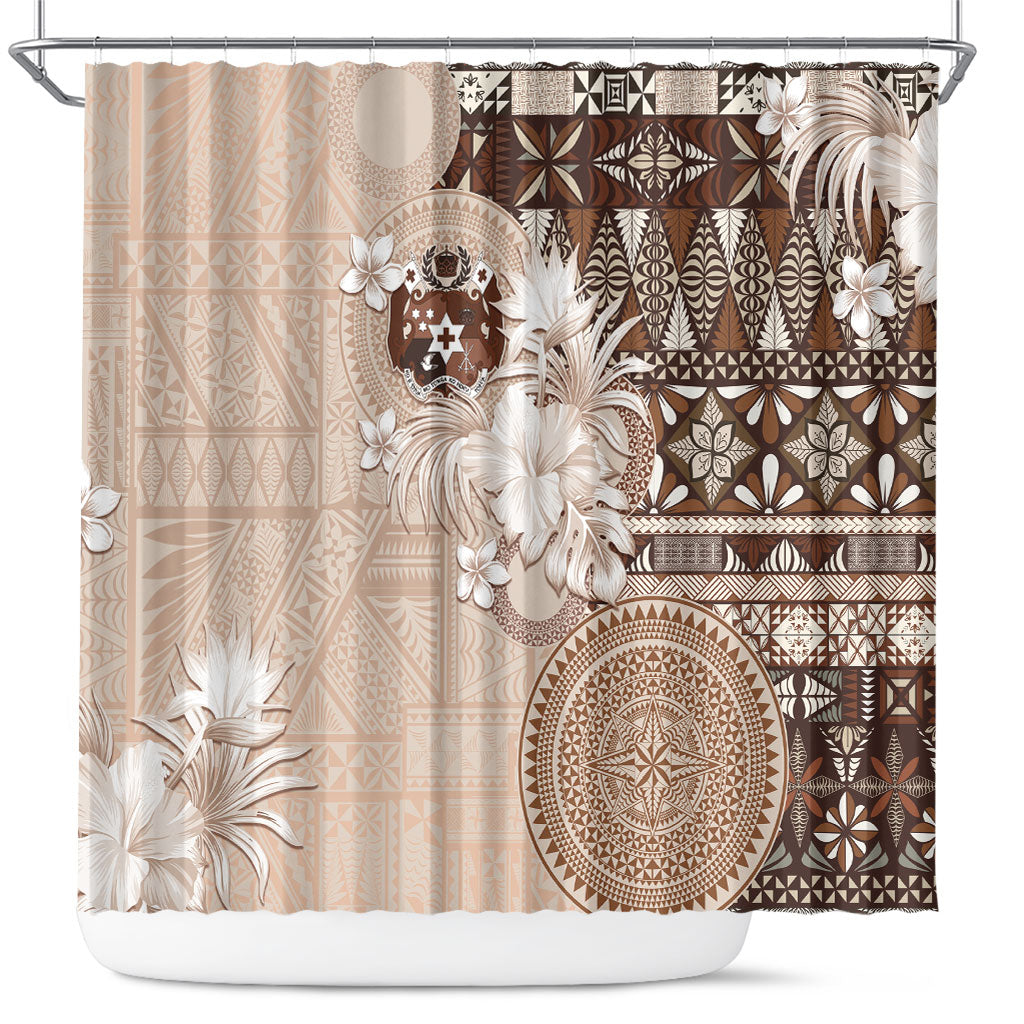 Tonga Ngatu Motifs Shower Curtain With Coat Of Arms Beige LT05 Beige - Polynesian Pride