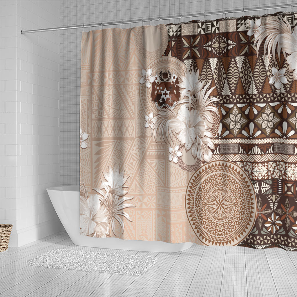 Tonga Ngatu Motifs Shower Curtain With Coat Of Arms Beige LT05 - Polynesian Pride